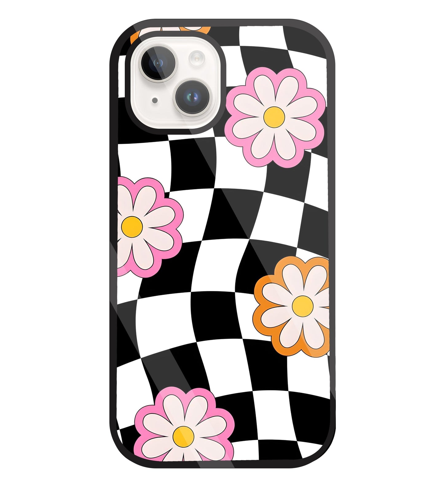 Check Pattern with flowers Glass Case For Apple iPhone 15