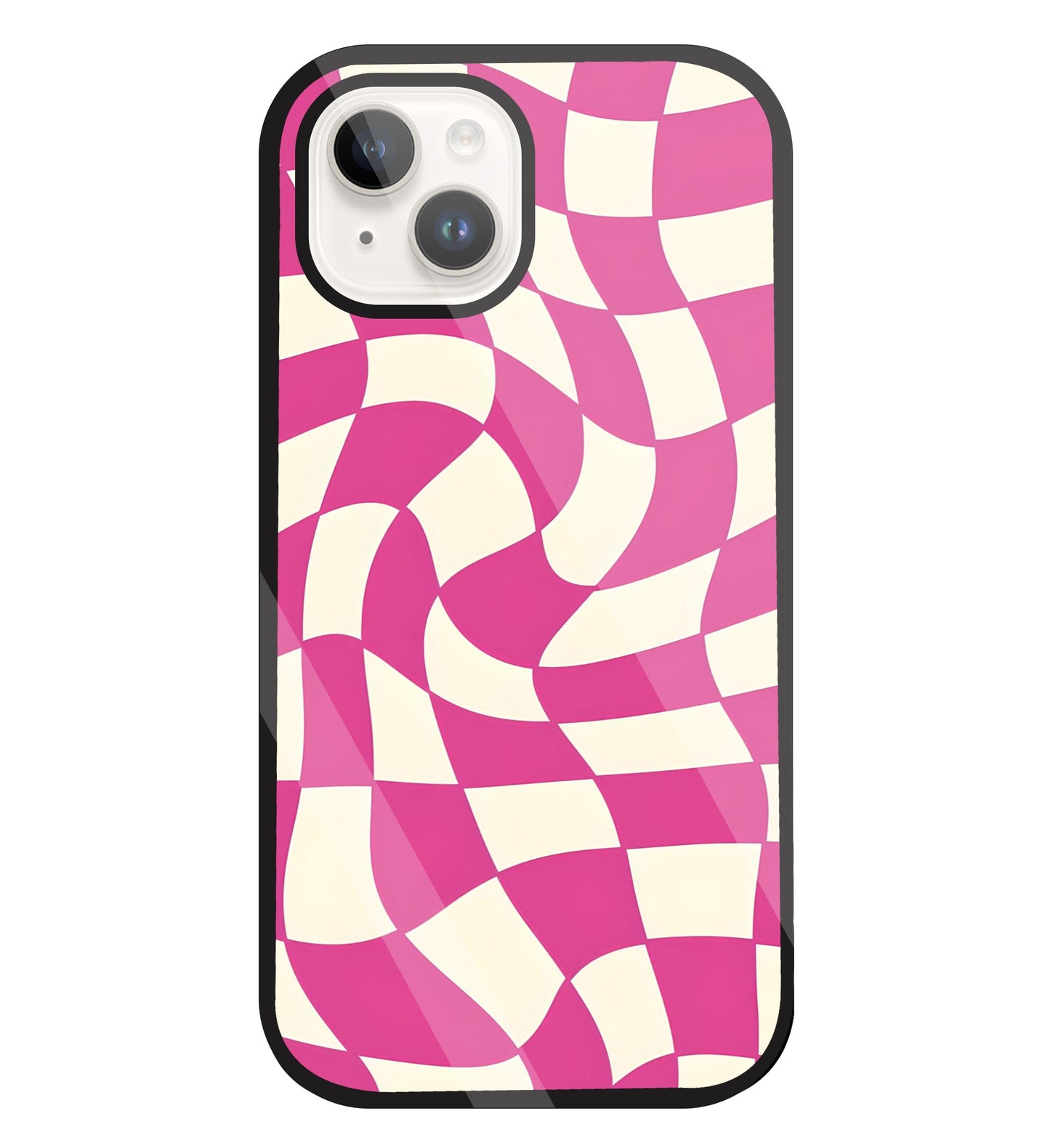 Pink And Off White Illusion Pattern Glass Case For Apple iPhone 15