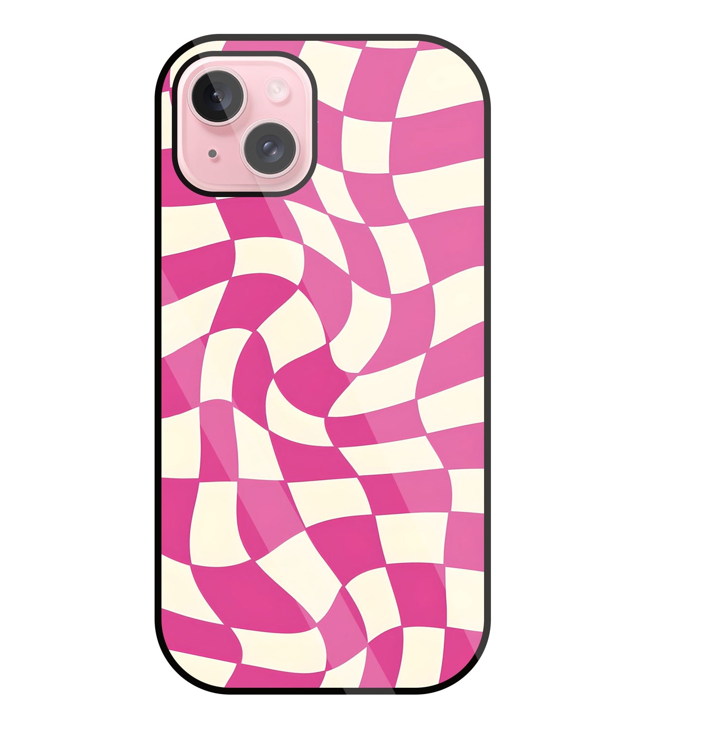Pink And Off White Illusion Pattern Glass Case For Apple iPhone 15 Plus
