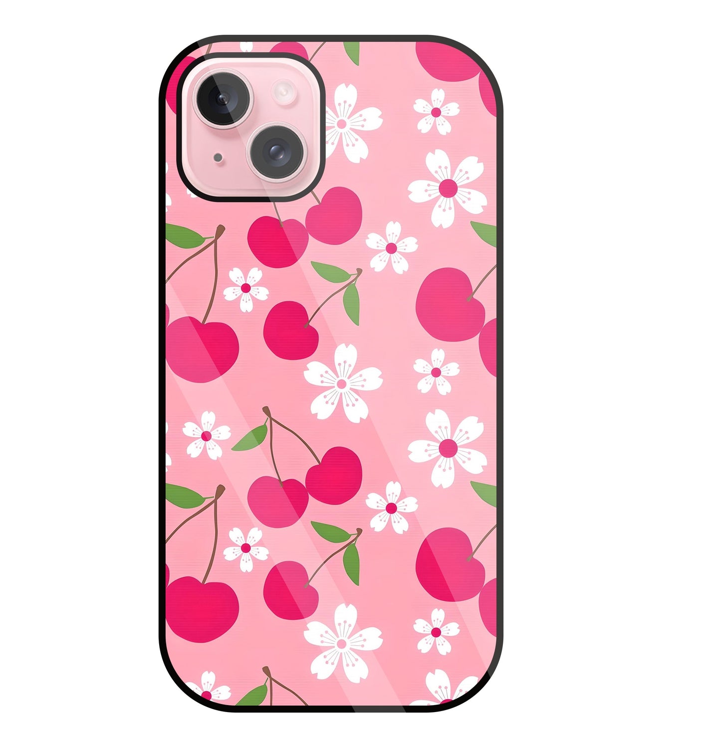 Pink Cherry With Flowers Glass Case For Apple iPhone 15 Plus