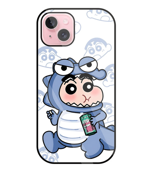 Shinchan Blue Dino Glass Case For Apple iPhone 15 Plus