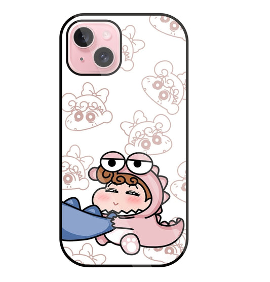 Shinchan Pink Dino Glass Case For Apple iPhone 15 Plus