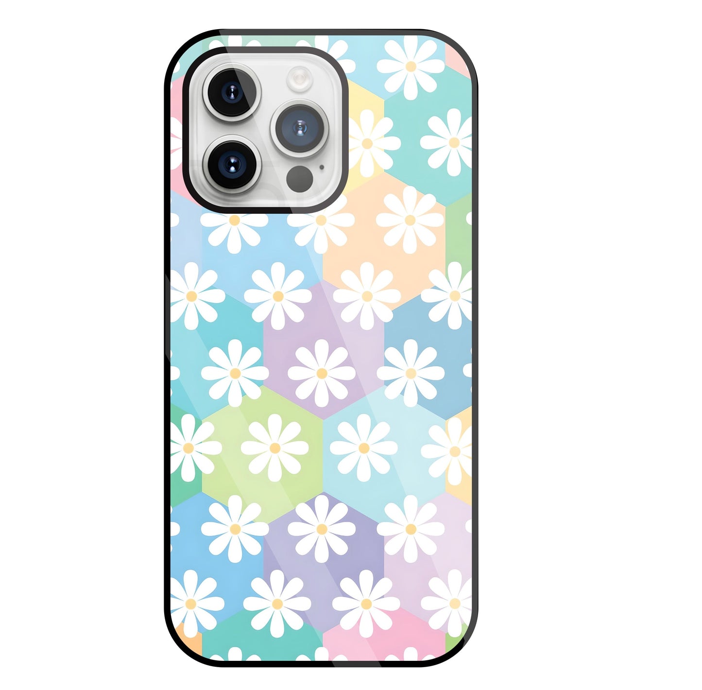 Hexagon Daisy Flower Glass Case For Apple iPhone 15 Pro Max