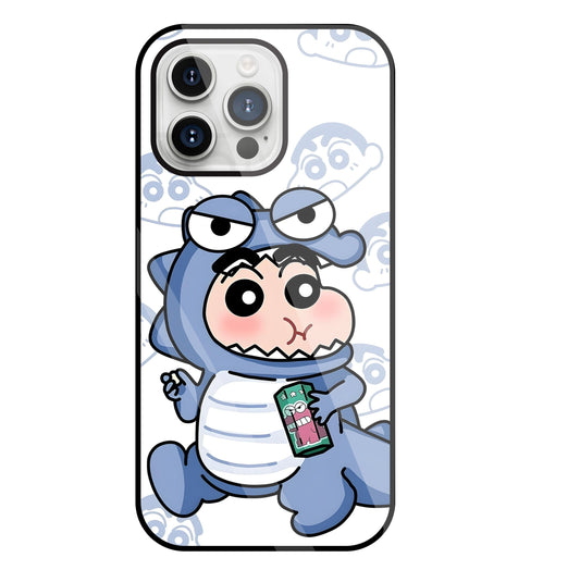 Shinchan Blue Dino Glass Case For Apple iPhone 15 Pro Max