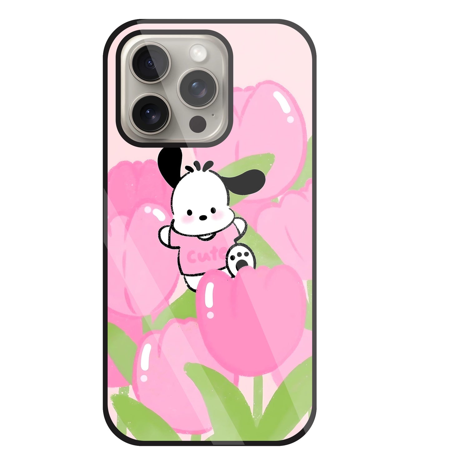 Pochacco Puppy And Rose Glass Case For Apple iPhone 15 Pro