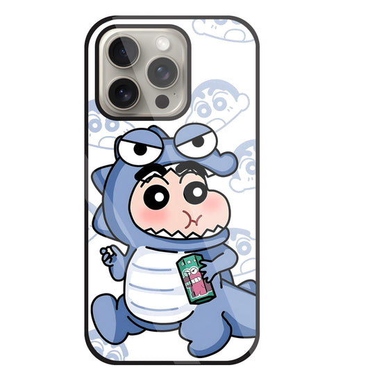 Shinchan Blue Dino Glass Case For Apple iPhone 15 Pro