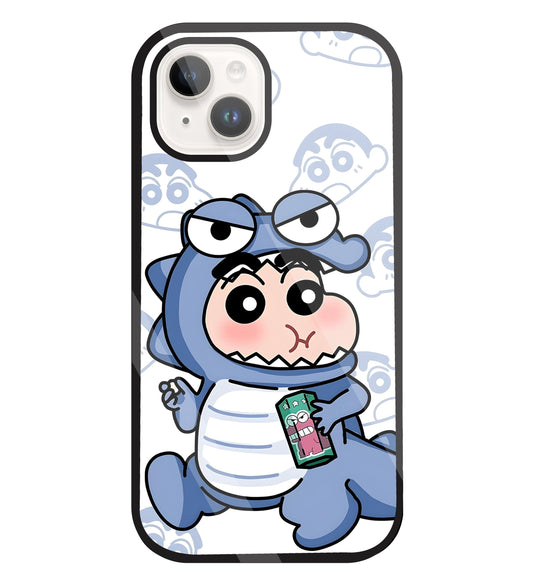 Shinchan Blue Dino Glass Case For Apple iPhone 15
