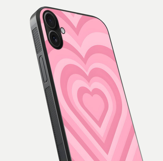 Blush Heart Waves iPhone 16 Plus glass phone case angled back view highlighting romantic heart wave artwork and grip texture