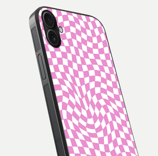 Bubblegum Check Wave iPhone 16 Plus glass phone case angled back view highlighting check wave artwork and side grip texture