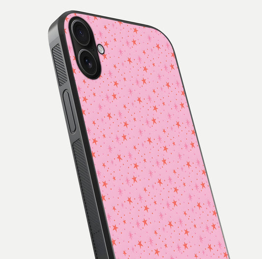 Cosmic Pink Sparkle iPhone 16 Plus glass phone case angled back view highlighting sparkling galaxy design and textured side grip