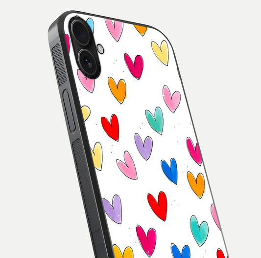 Playful Love Doodles iPhone 16 Plus glass phone case angled back view highlighting doodle artwork and textured grip edges