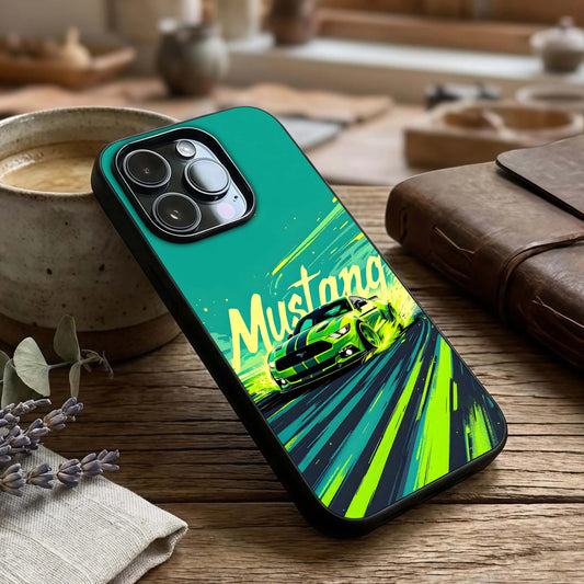 Mustang Bang Glass Case captured at a warm angle highlighting bold power lines, gloss, and edge clarity.