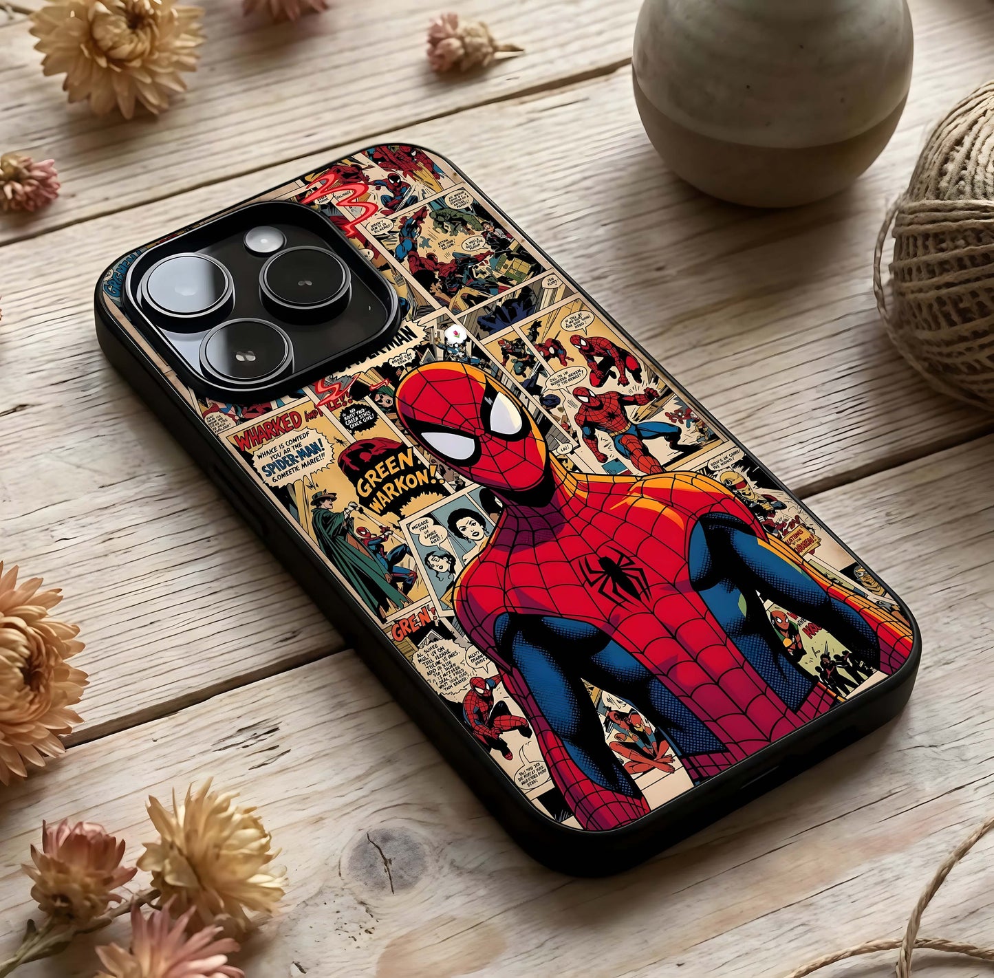 Aesthetic Spider Glass Case photographed in natural light showing reflective finish and layered design depth.