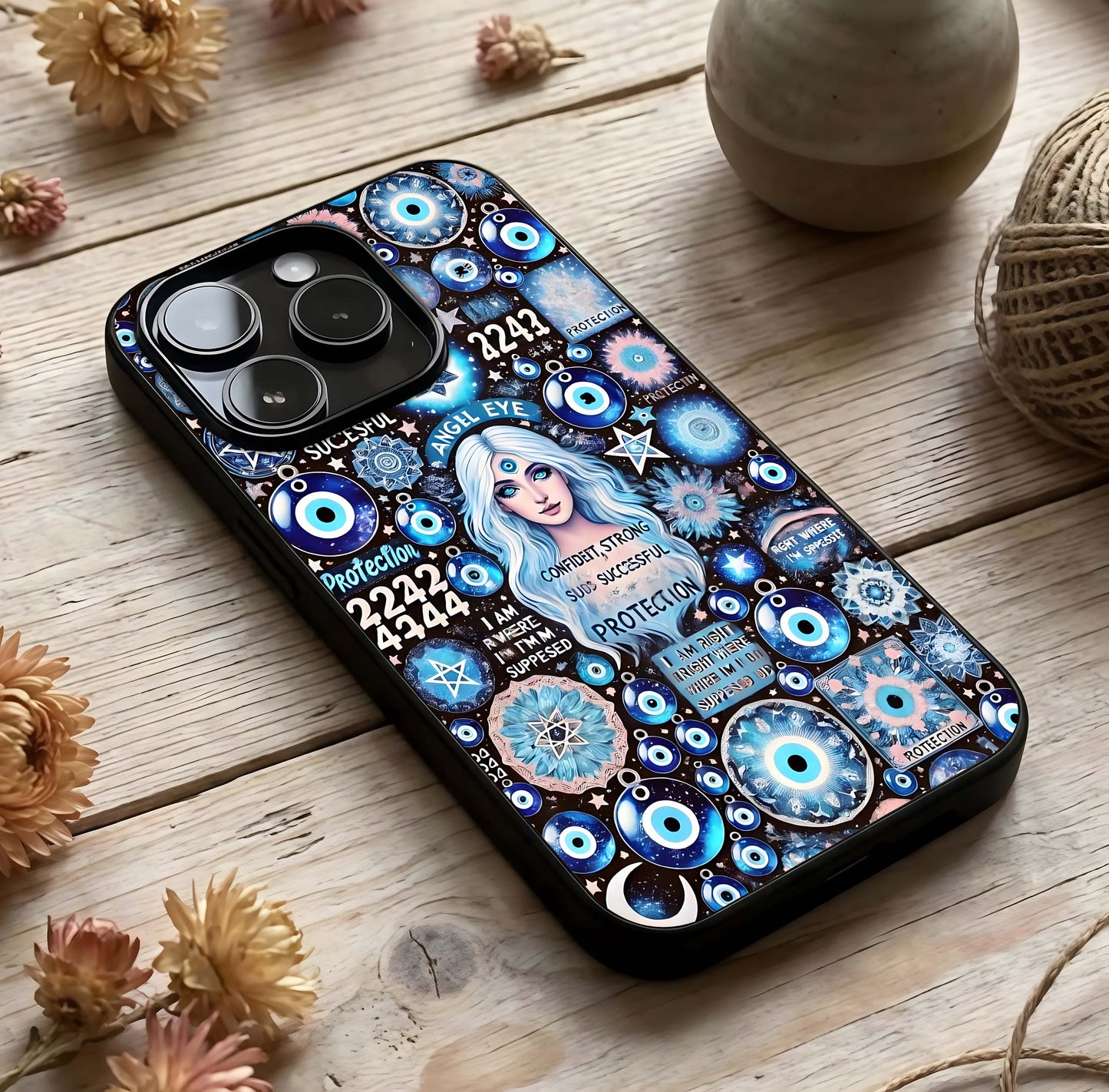 Angel Aura Shield Glass Case photographed in natural light showing reflective finish and calming design depth.