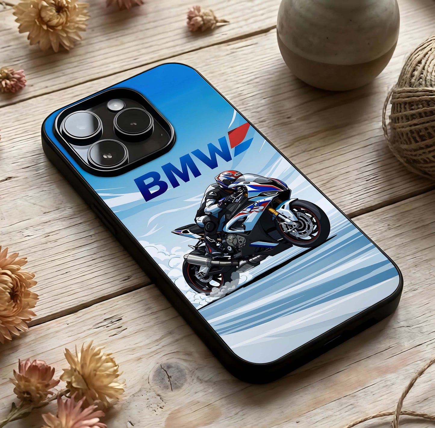 BMW Power Drift Glass Case photographed in natural light showing reflective finish and performance depth.