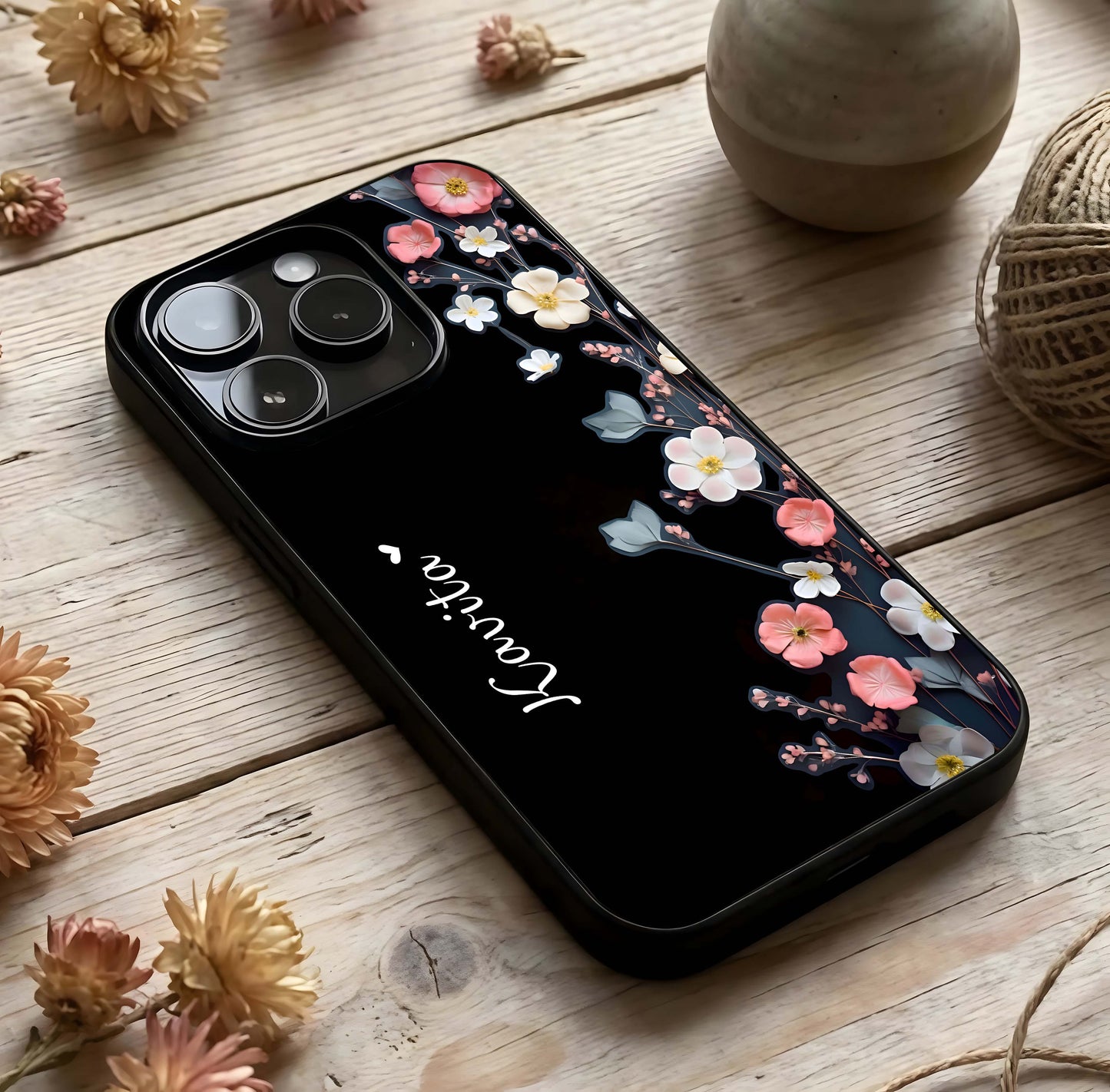 Black Elegance Floral Custom Name Glass Case photographed in natural light showing reflective finish and luxury depth.