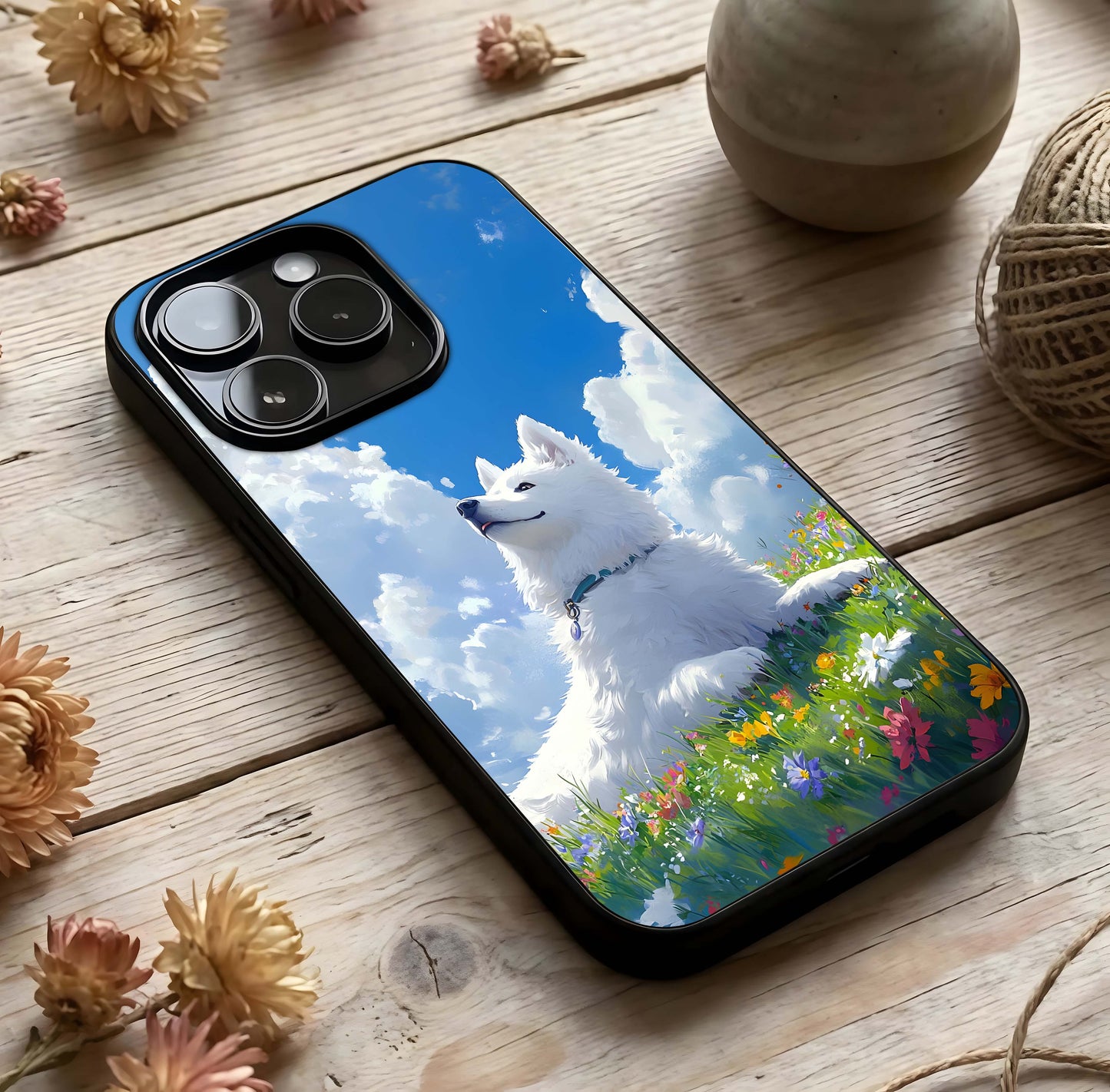 Blissful Cloud Pup Glass Case photographed in natural light showing reflective finish and dreamy depth.