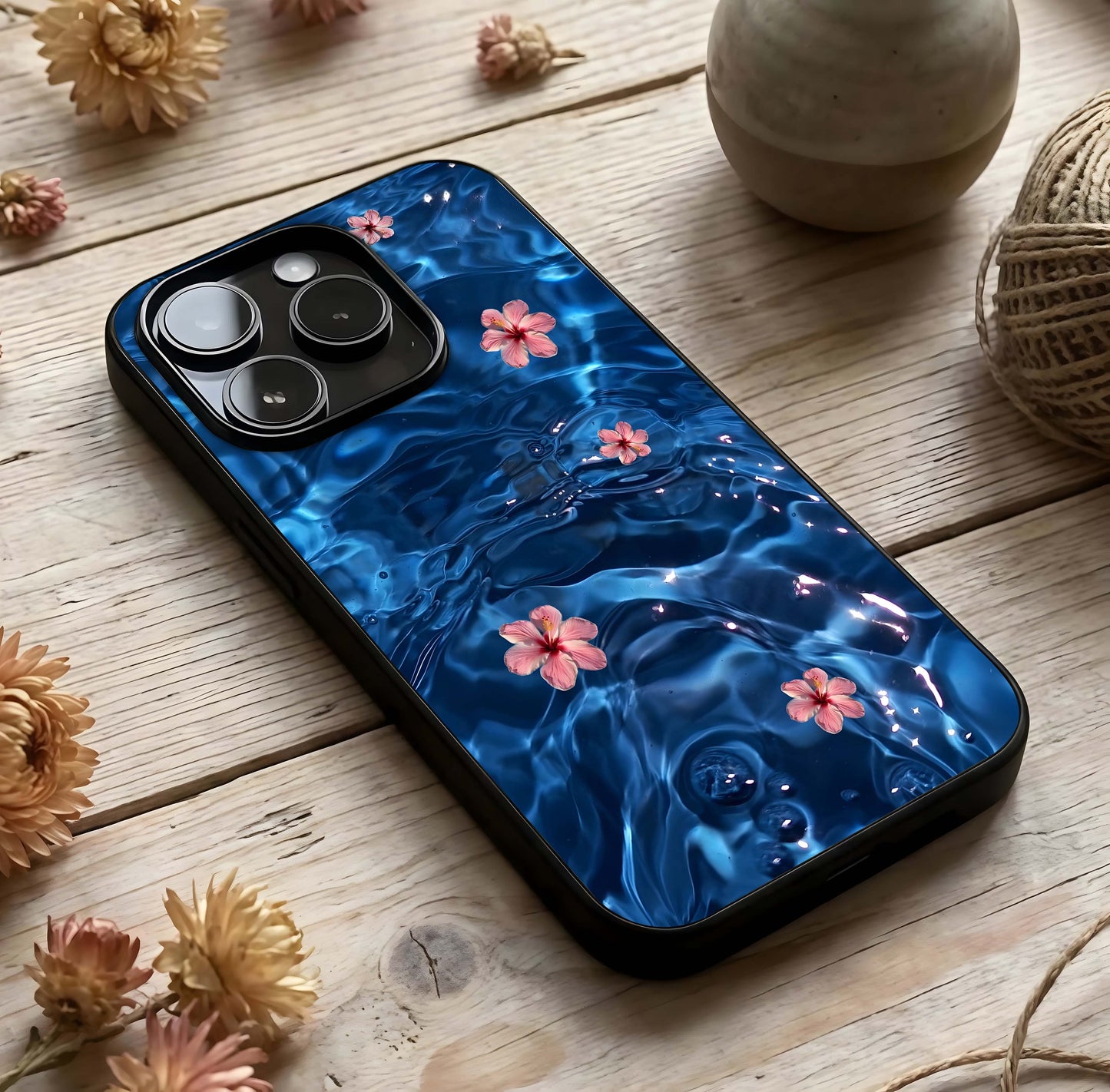 Blooming Water Drift Glass Case photographed in natural light showing reflective finish and fluid depth.