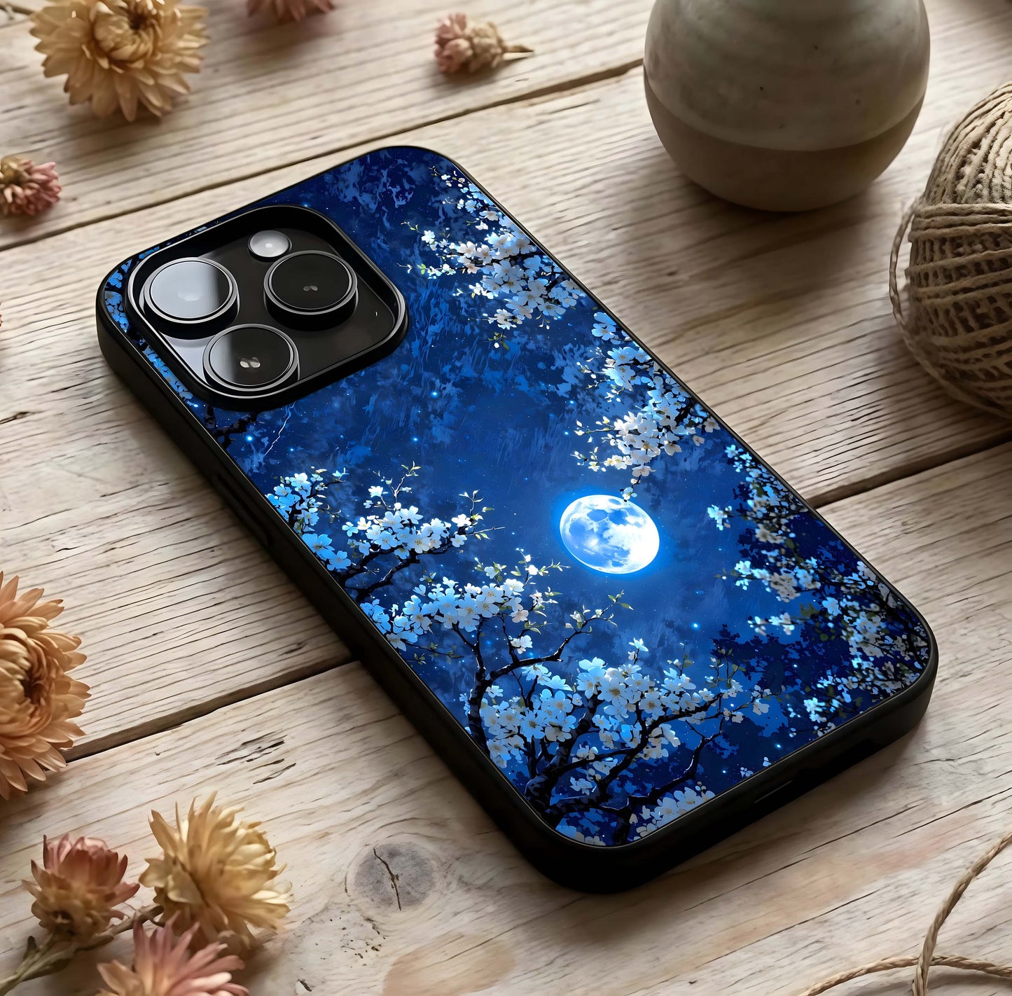 Blossom Moonlight Sky Glass Case photographed in natural light showing reflective finish and tranquil depth.