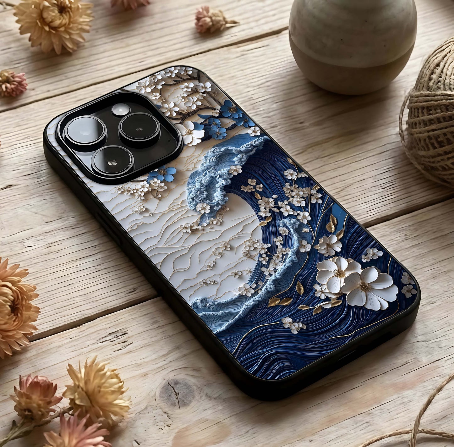Blossom Wave Art Glass Case photographed in natural light showing reflective finish and rhythmic depth.
