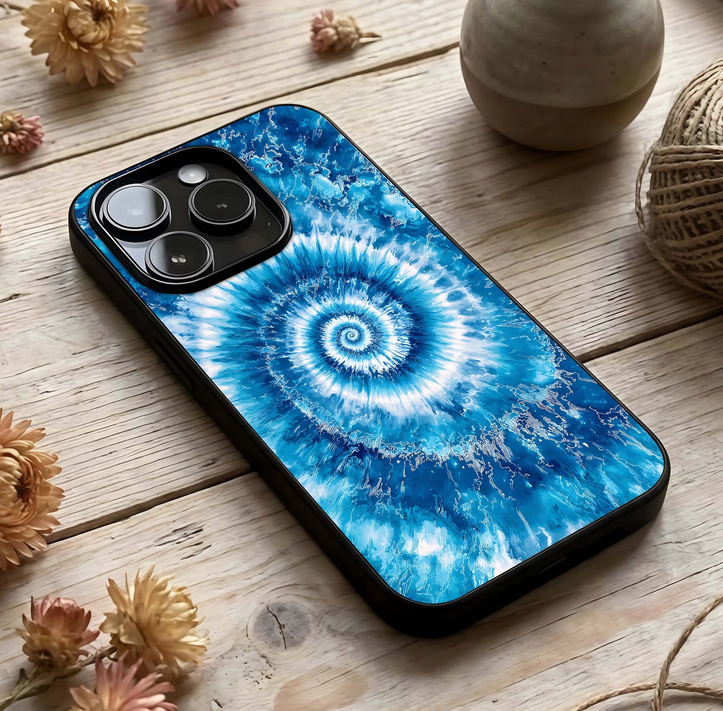 Blue Galaxy Wave Glass Case photographed in natural light showing reflective finish and stellar depth.