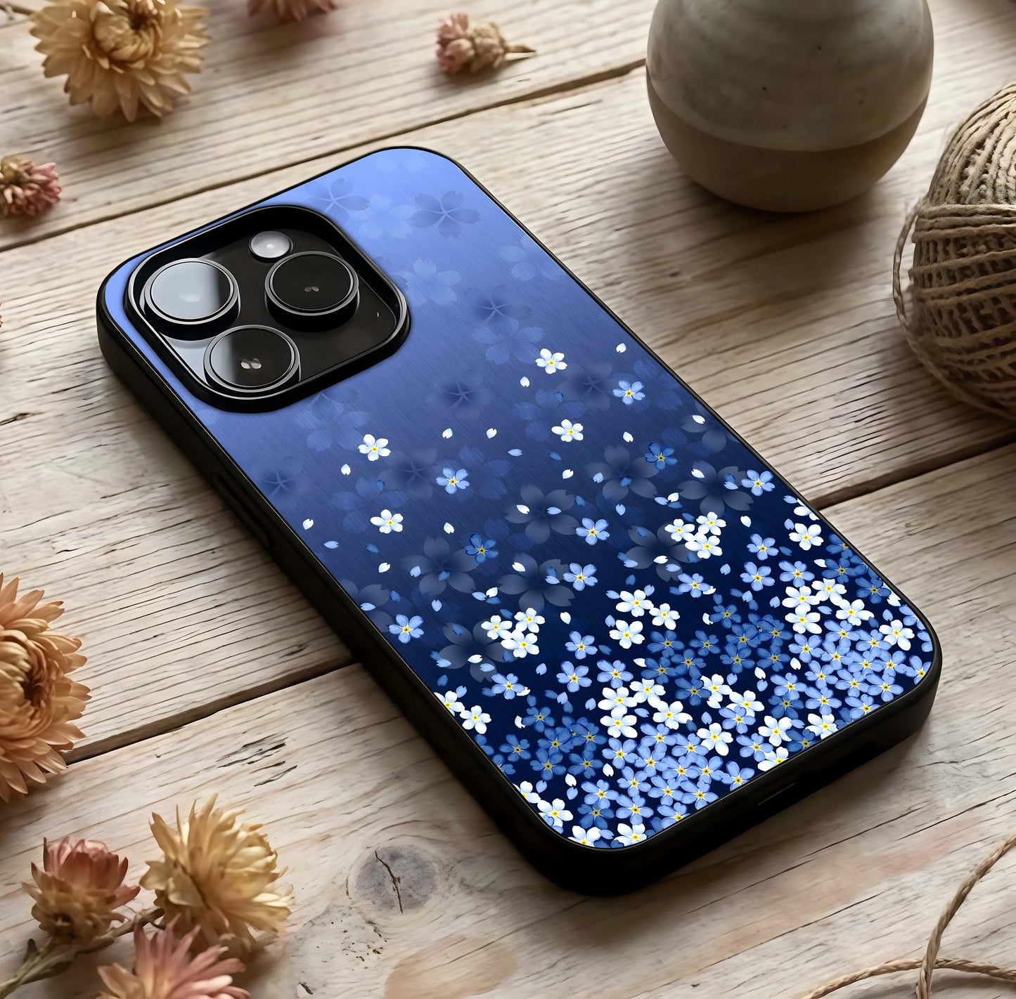Blue Starry Glass Case photographed in natural light showing reflective finish and celestial depth.