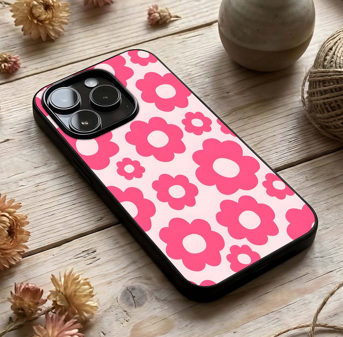 Blush Flower Pop Glass Case photographed in natural light showing reflective finish and cheerful depth.
