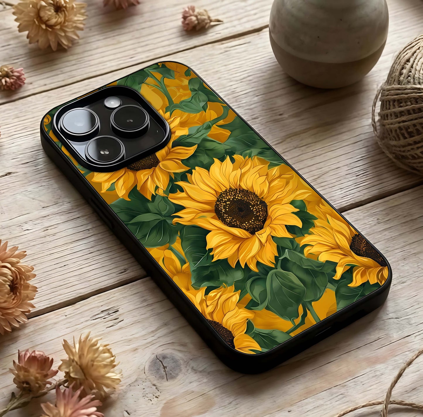 Bright Sunflower Bloom Glass Case photographed in natural light showing reflective finish and sunny depth.