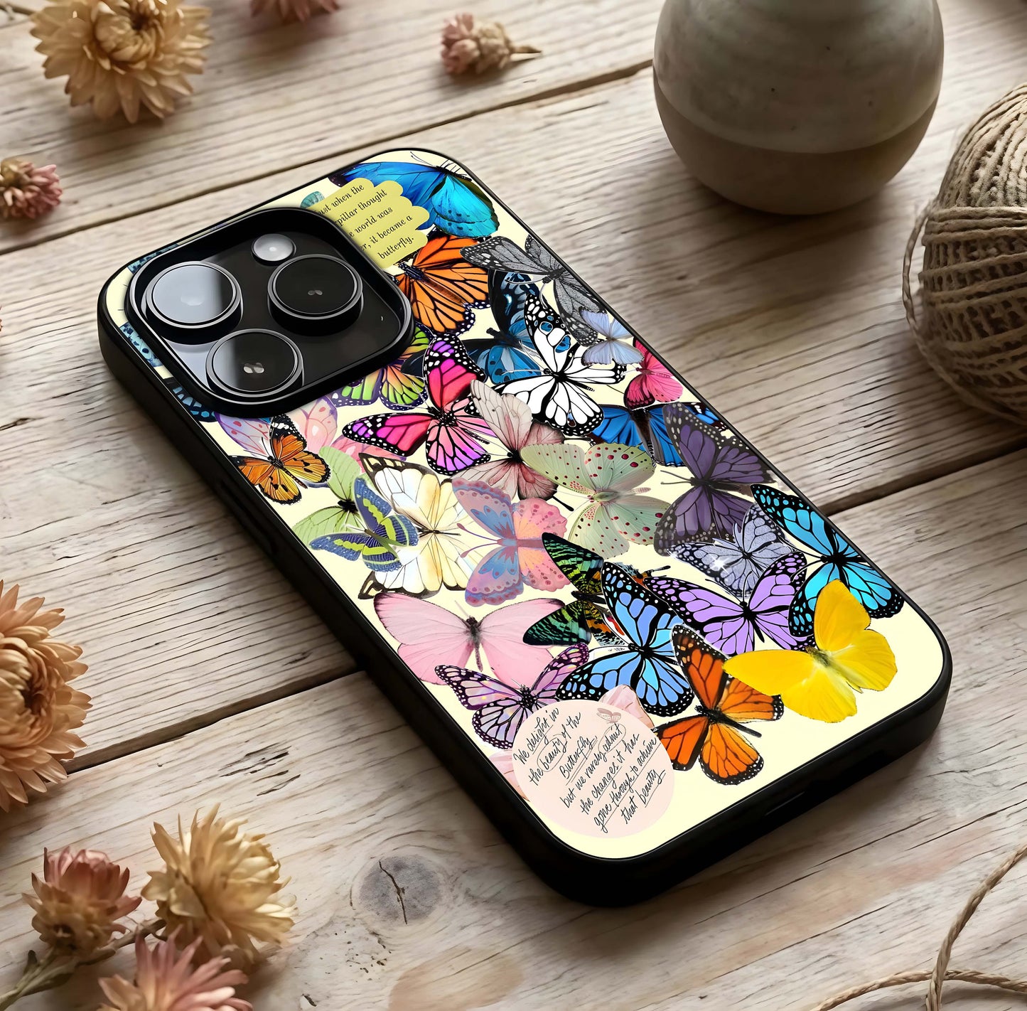 Butterflies Petal Dream Glass Case photographed in natural light showing reflective finish and subtle depth.