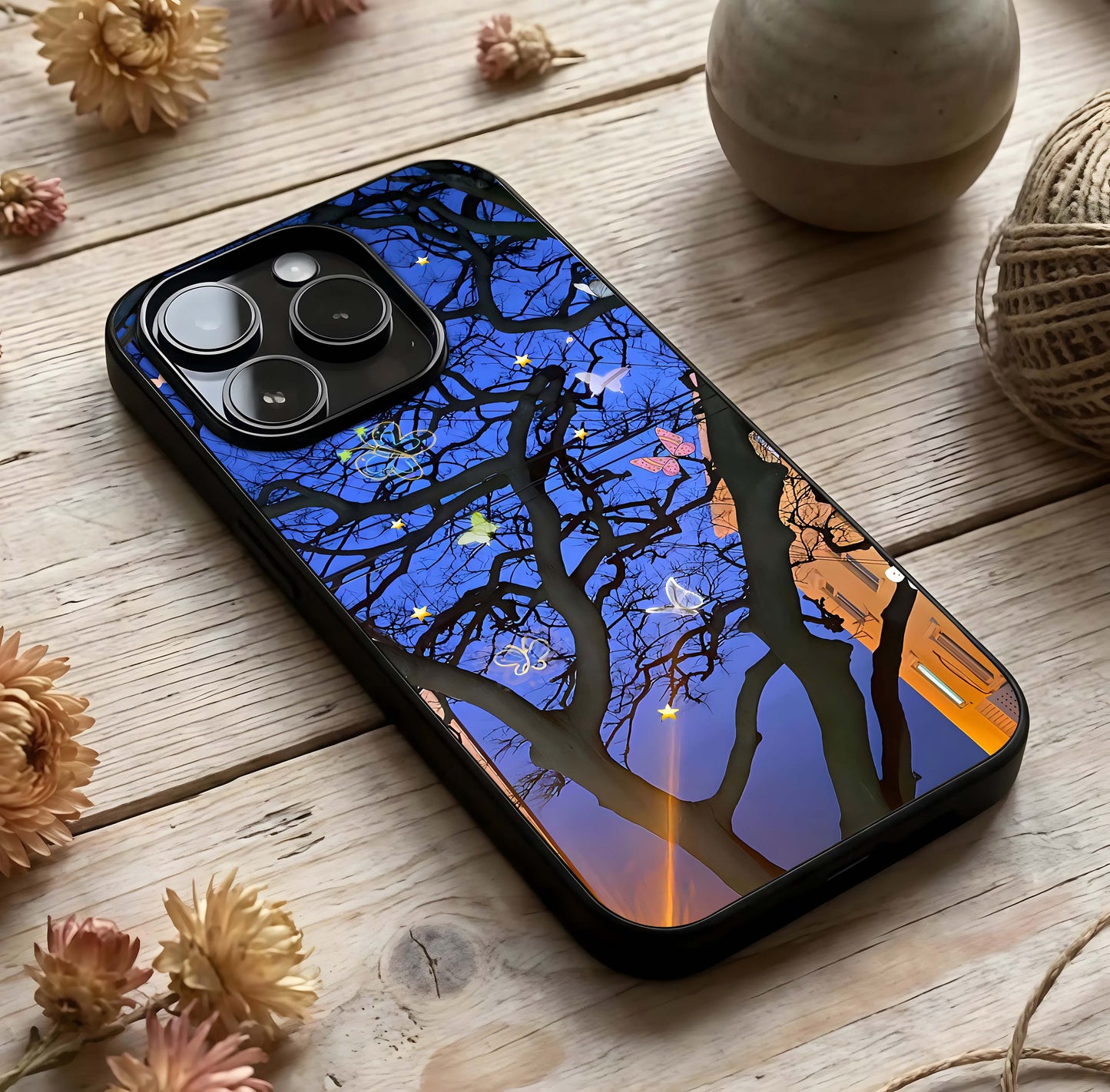 Butterfly Night Magic Glass Case photographed in natural light showing reflective finish and enchanted depth.