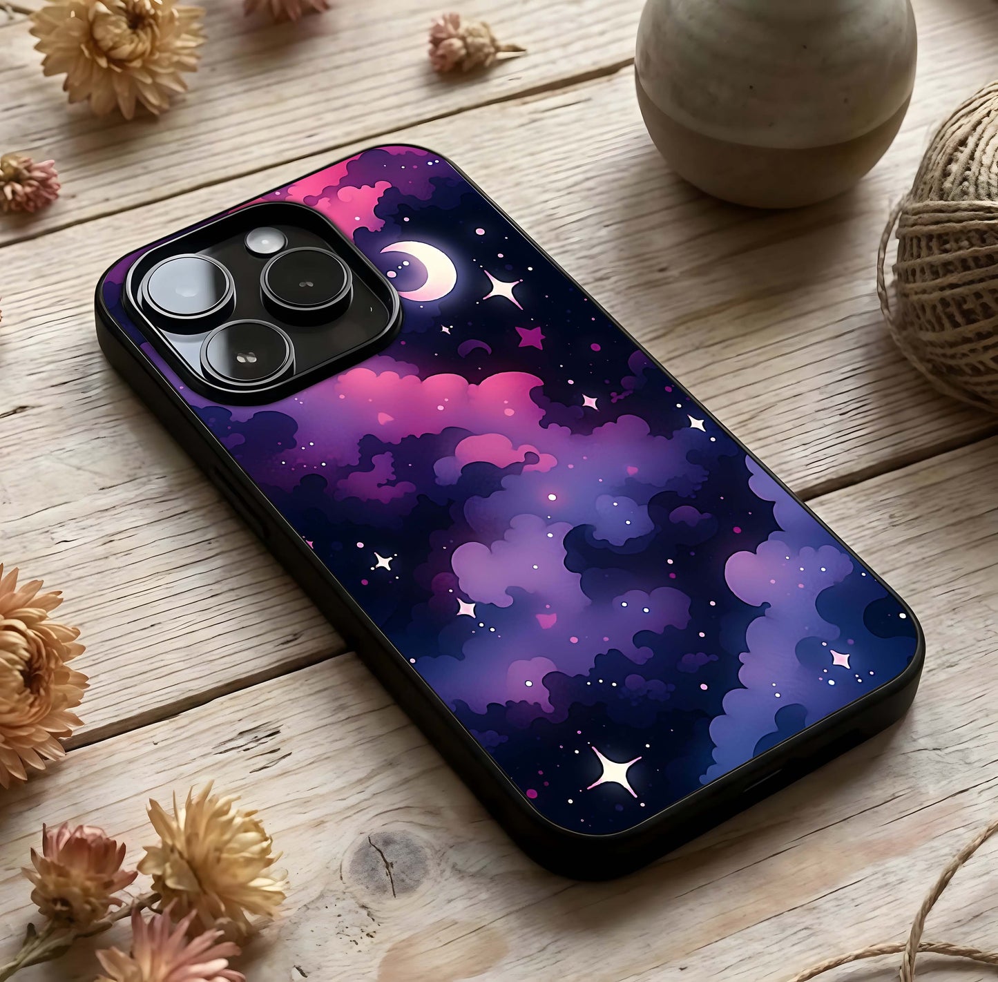 Celestial Moon Magic Glass Case photographed in natural light showing reflective finish and magical depth.