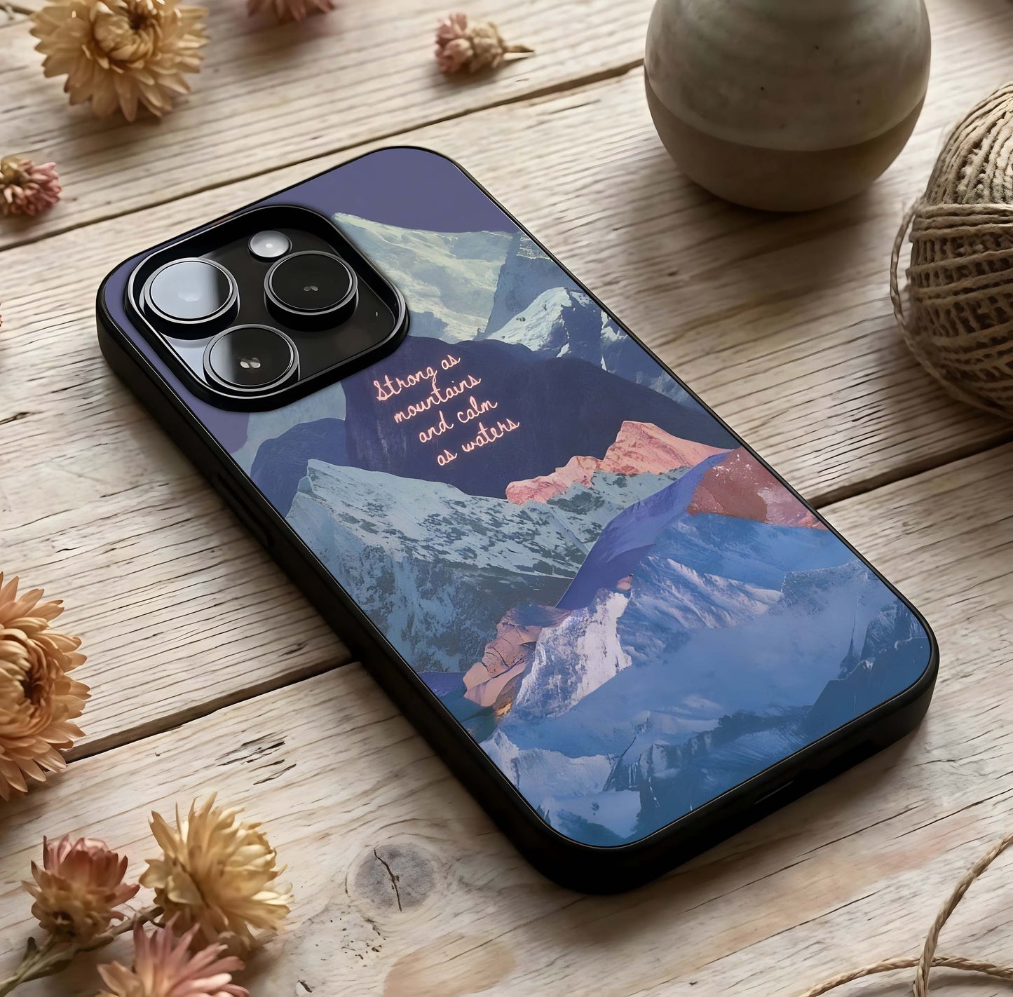 Celestial Mountain Calm Glass Case photographed in natural light showing reflective finish and tranquil depth.