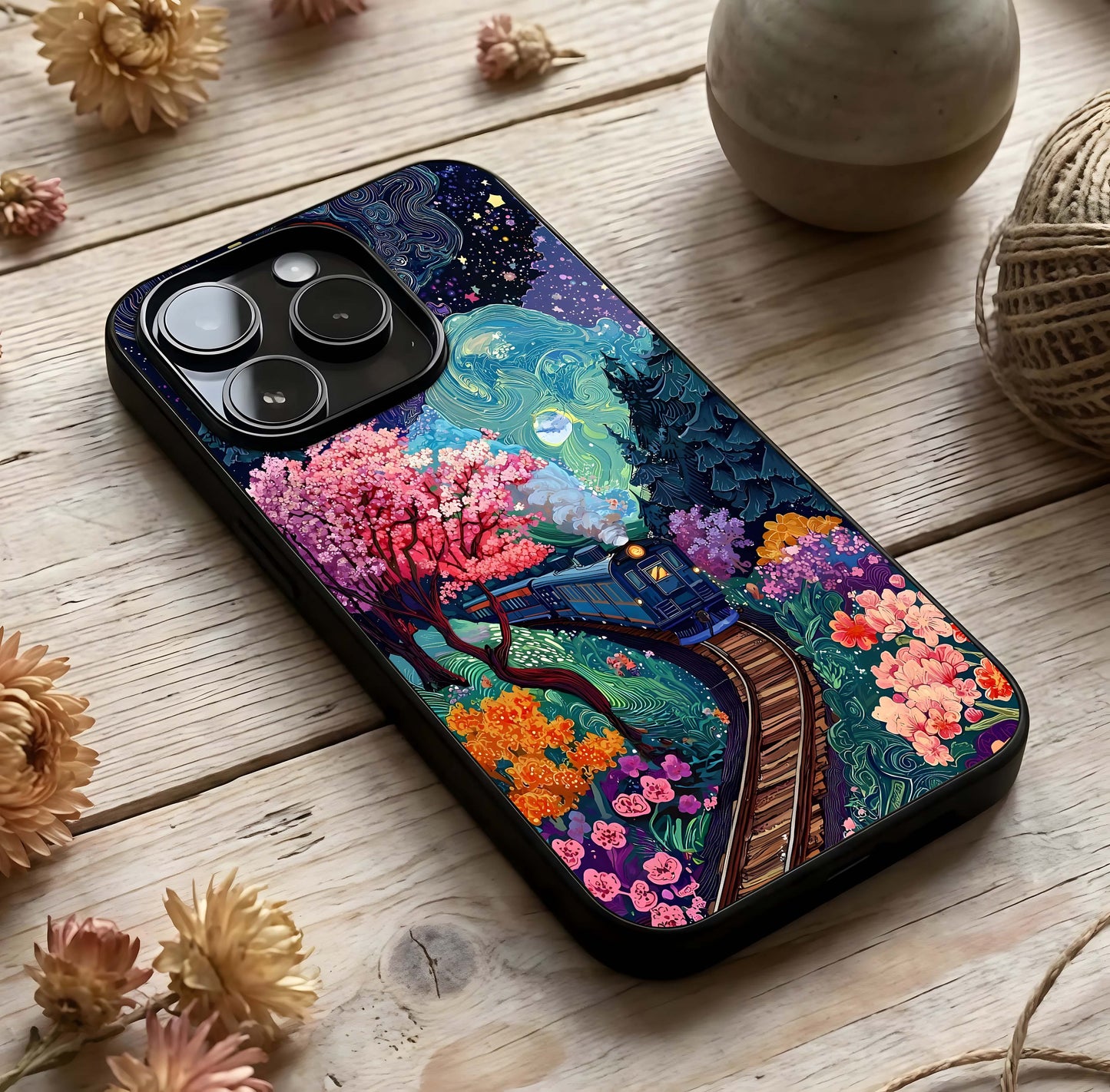 Celestial Train Journey Glass Case photographed in natural light showing reflective finish and journey depth.