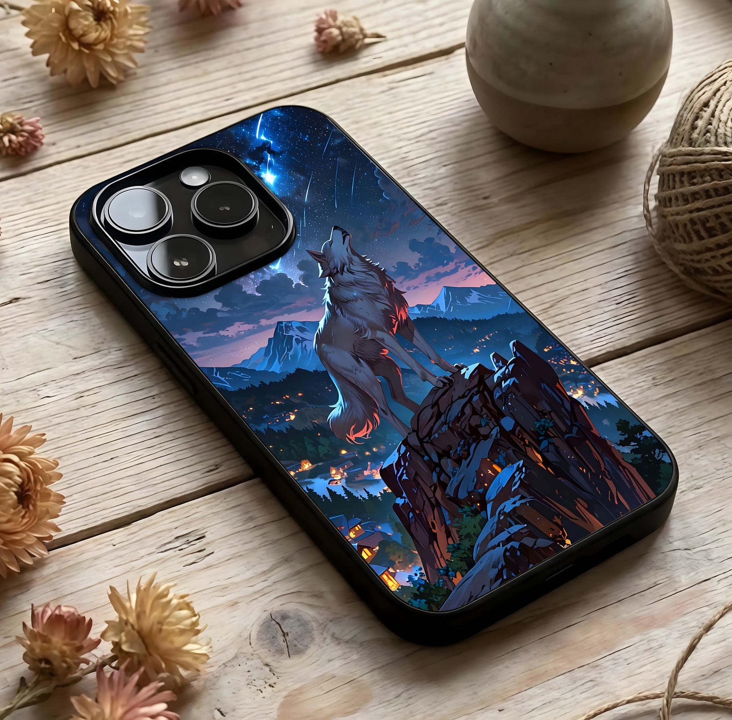 Celestial Wolf Howl Glass Case photographed in natural light showing reflective finish and wild depth.