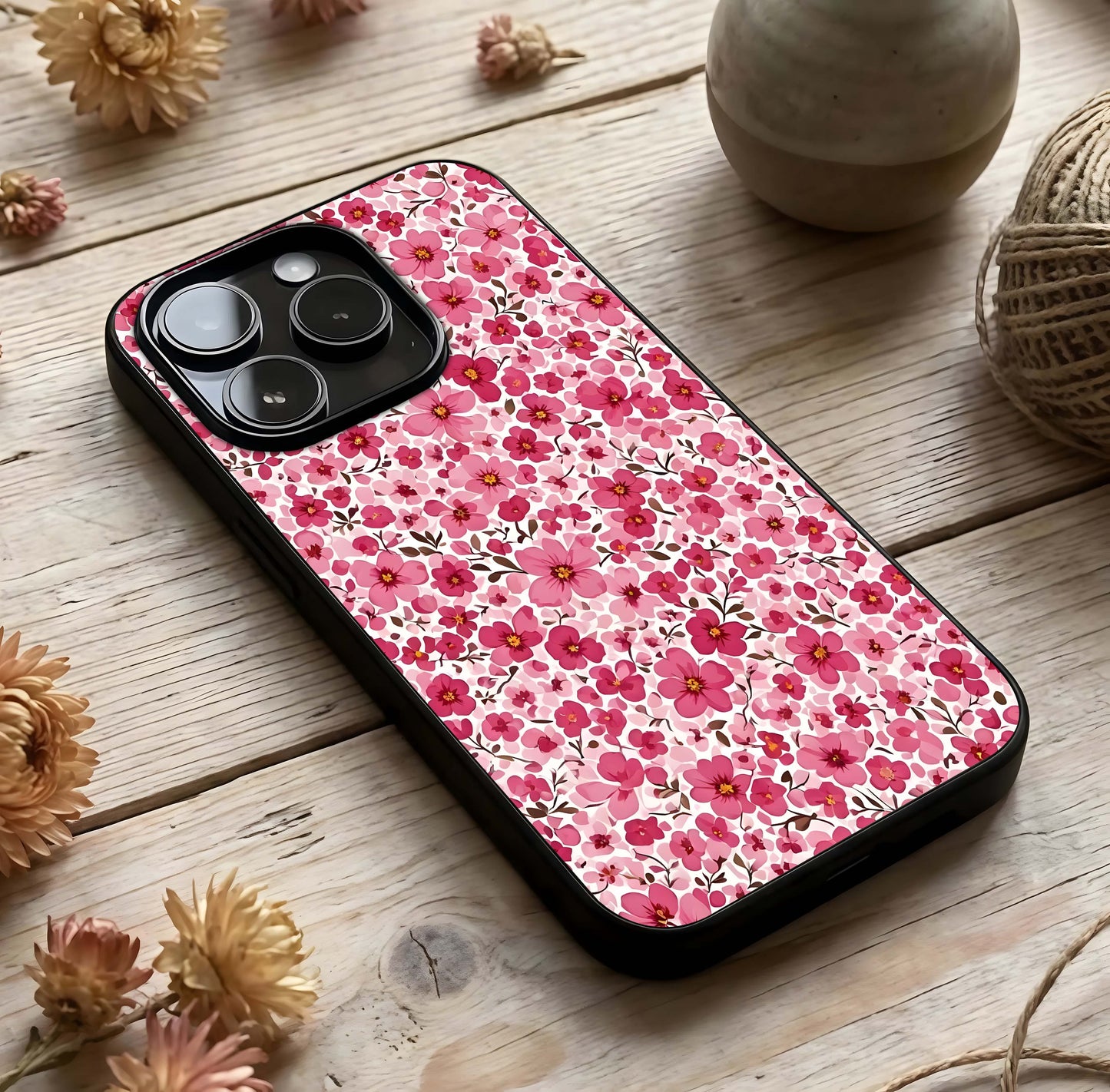Cherry Blossom Charm Glass Case photographed in natural light showing reflective finish and elegant depth.