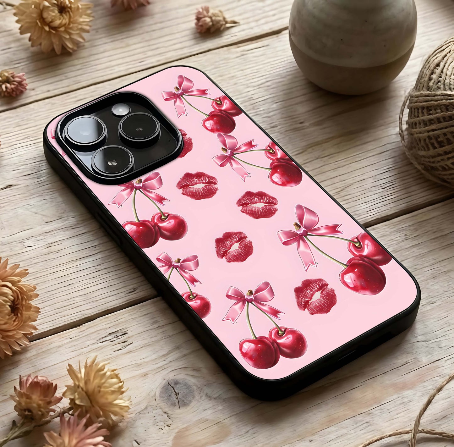 Cherry With Lips Glass Case photographed in natural light showing reflective finish and vibrant depth.