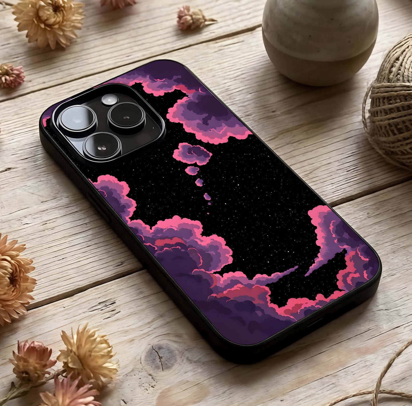 Cosmic Cloud Journey Glass Case photographed in natural light showing reflective finish and airy depth.