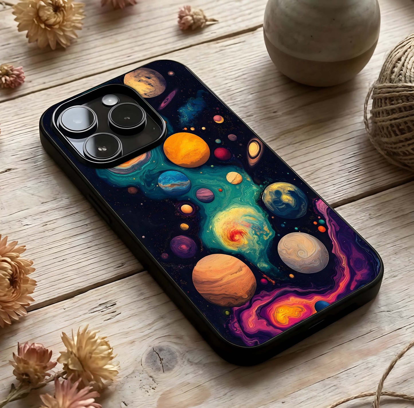 Cosmic Planet Journey Glass Case photographed in natural light showing reflective finish and exploratory depth.