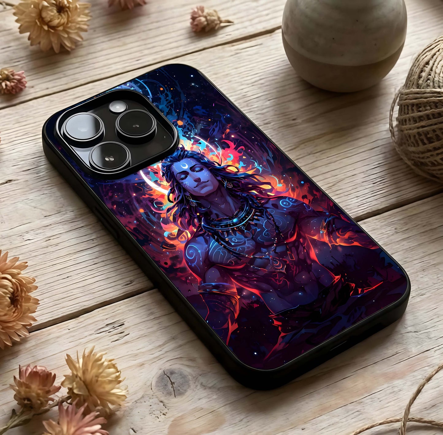 Divine Fire Shiv Glass Case photographed in natural light showing reflective finish and powerful depth.