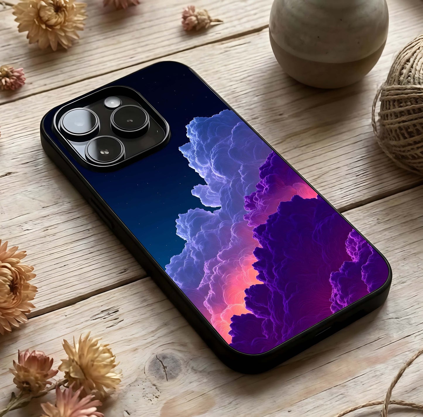 Dreamy Cloud Skies Glass Case photographed in natural light showing reflective finish and airy depth.