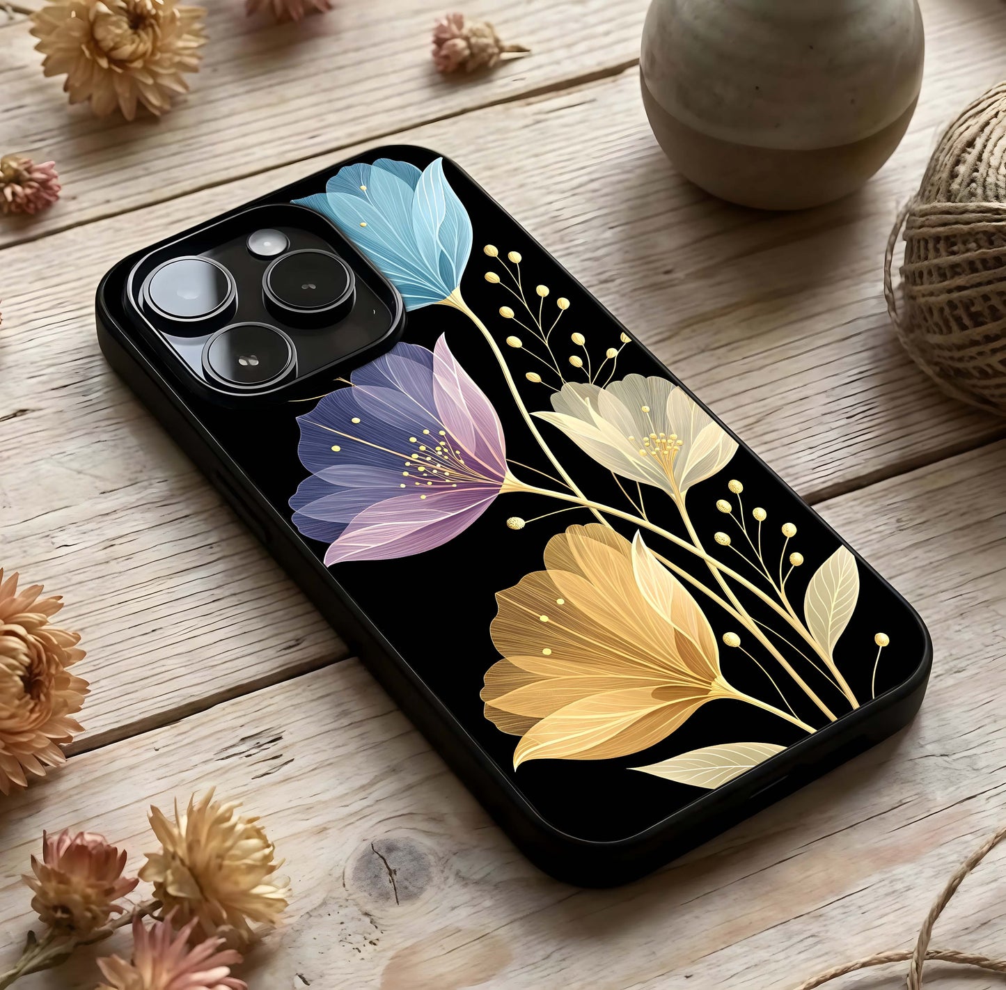 Flower Bloom Glow Glass Case photographed in natural light showing reflective finish and bright depth.