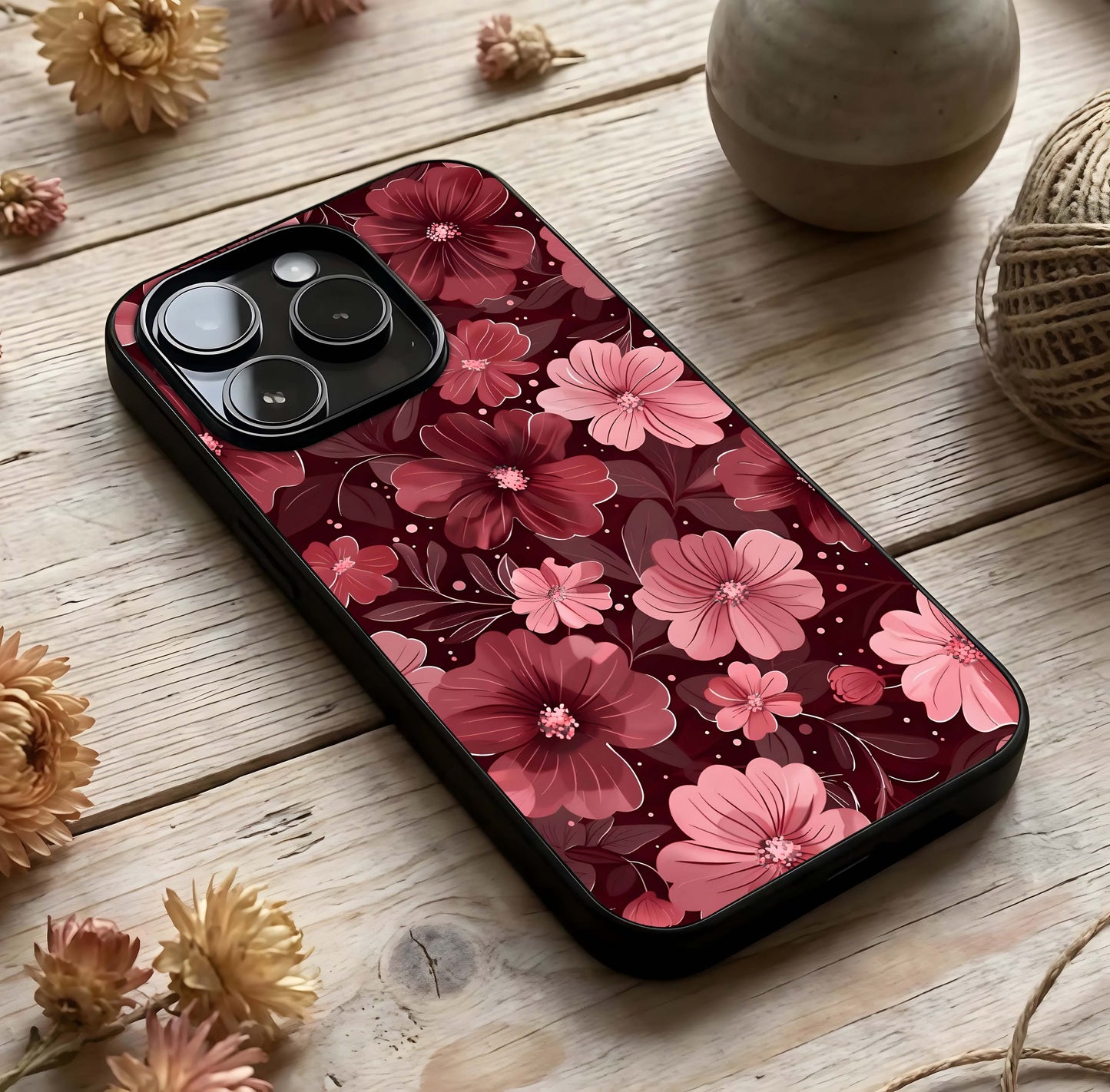Flower Blush Bloom Glass Case photographed in natural light showing reflective finish and delicate depth.