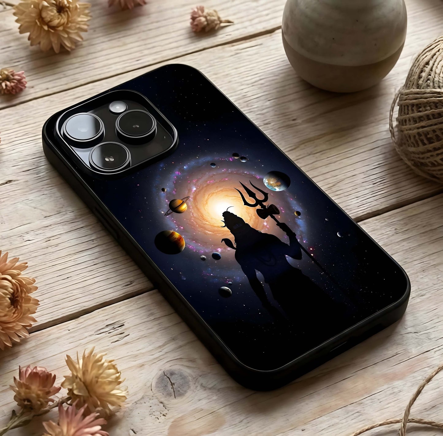 Galactic Shiva Vision Glass Case photographed in natural light showing reflective finish and divine depth.