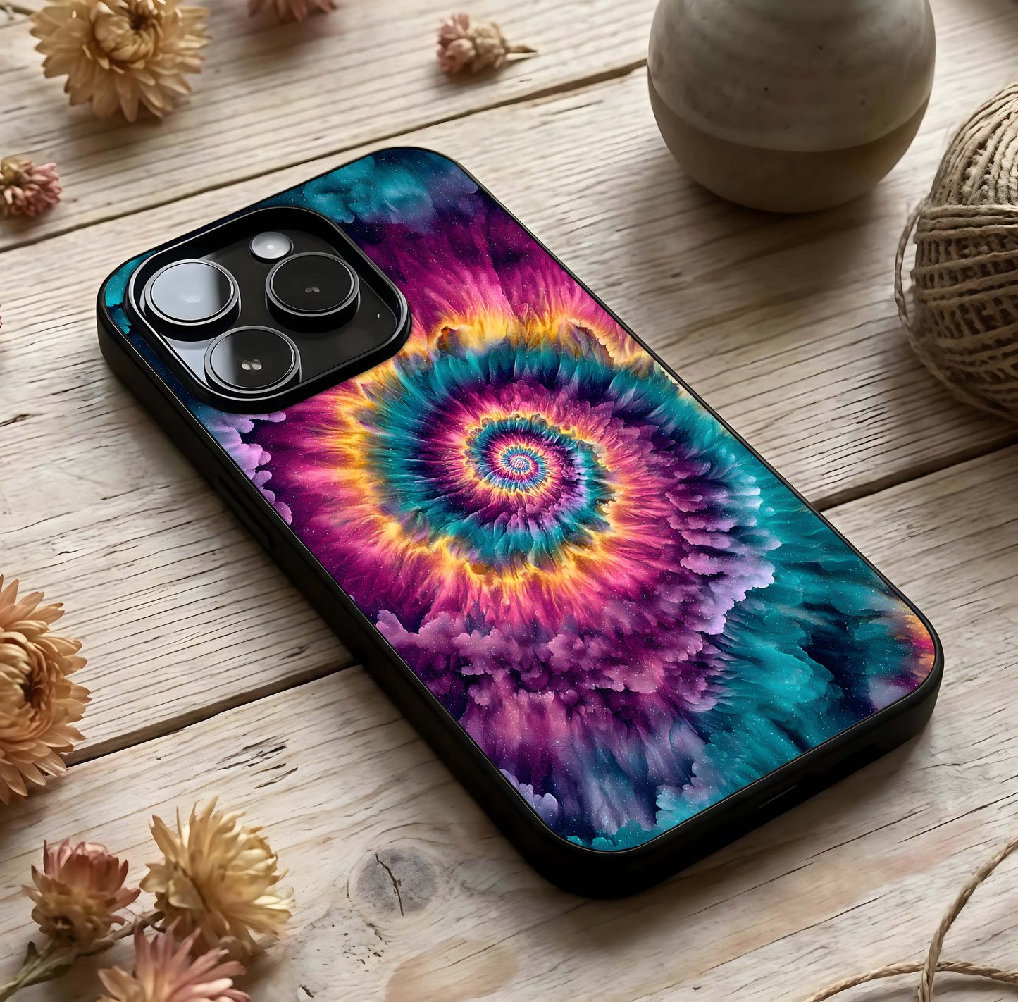 Galactic Spiral Burst Glass Case photographed in natural light showing reflective finish and galactic depth.