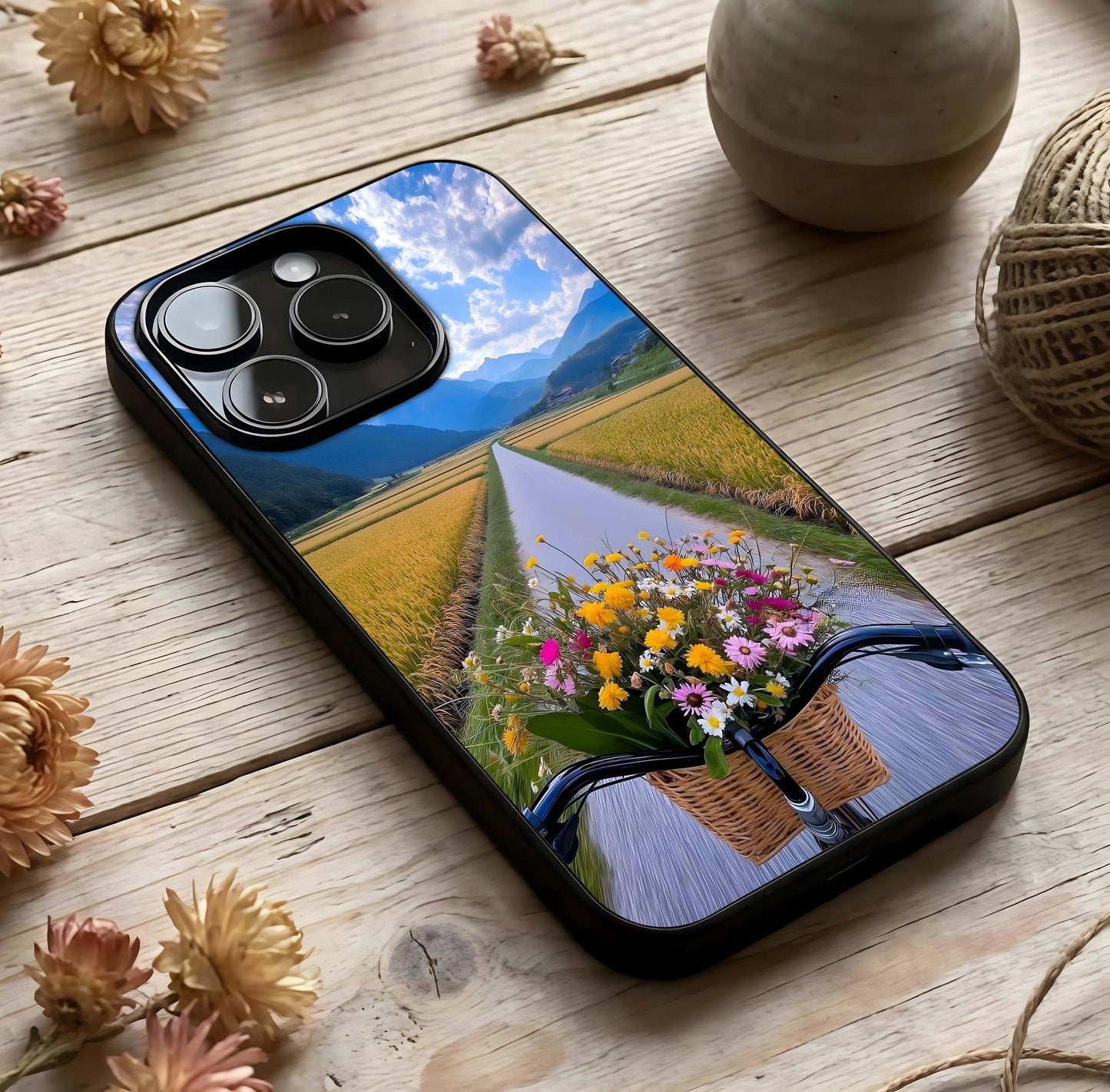 Golden Field Journey Glass Case photographed in natural light showing reflective finish and serene depth.