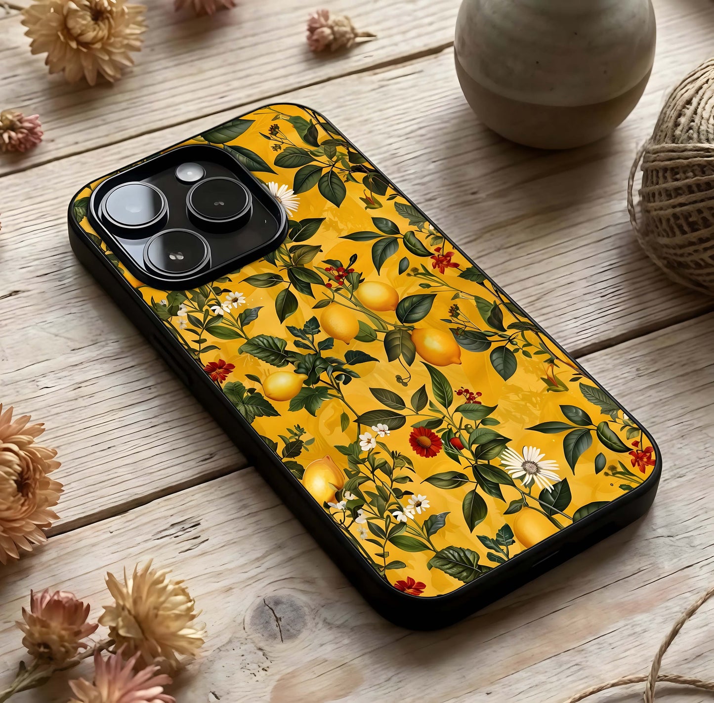 Golden Lemon Field Glass Case photographed in natural light showing reflective finish and sunny depth.