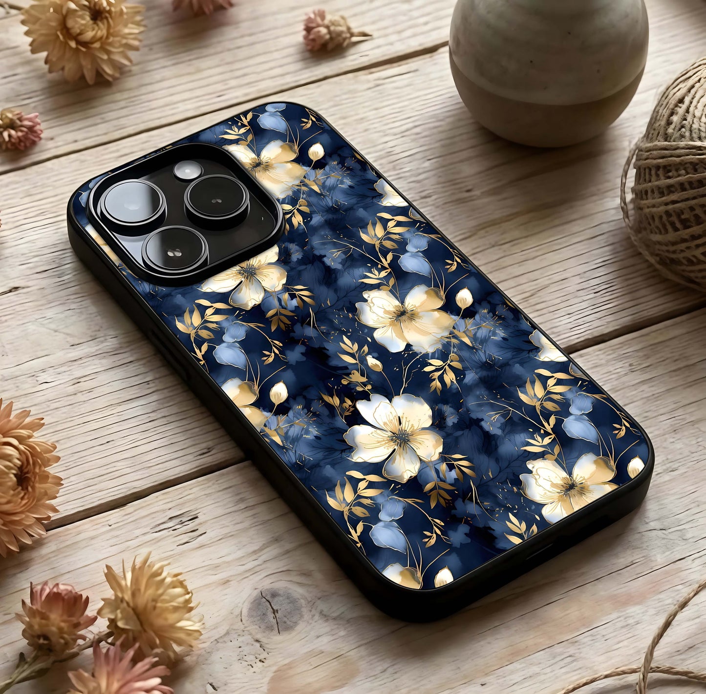 Golden Midnight Bloom Glass Case photographed in natural light showing reflective finish and deep depth.