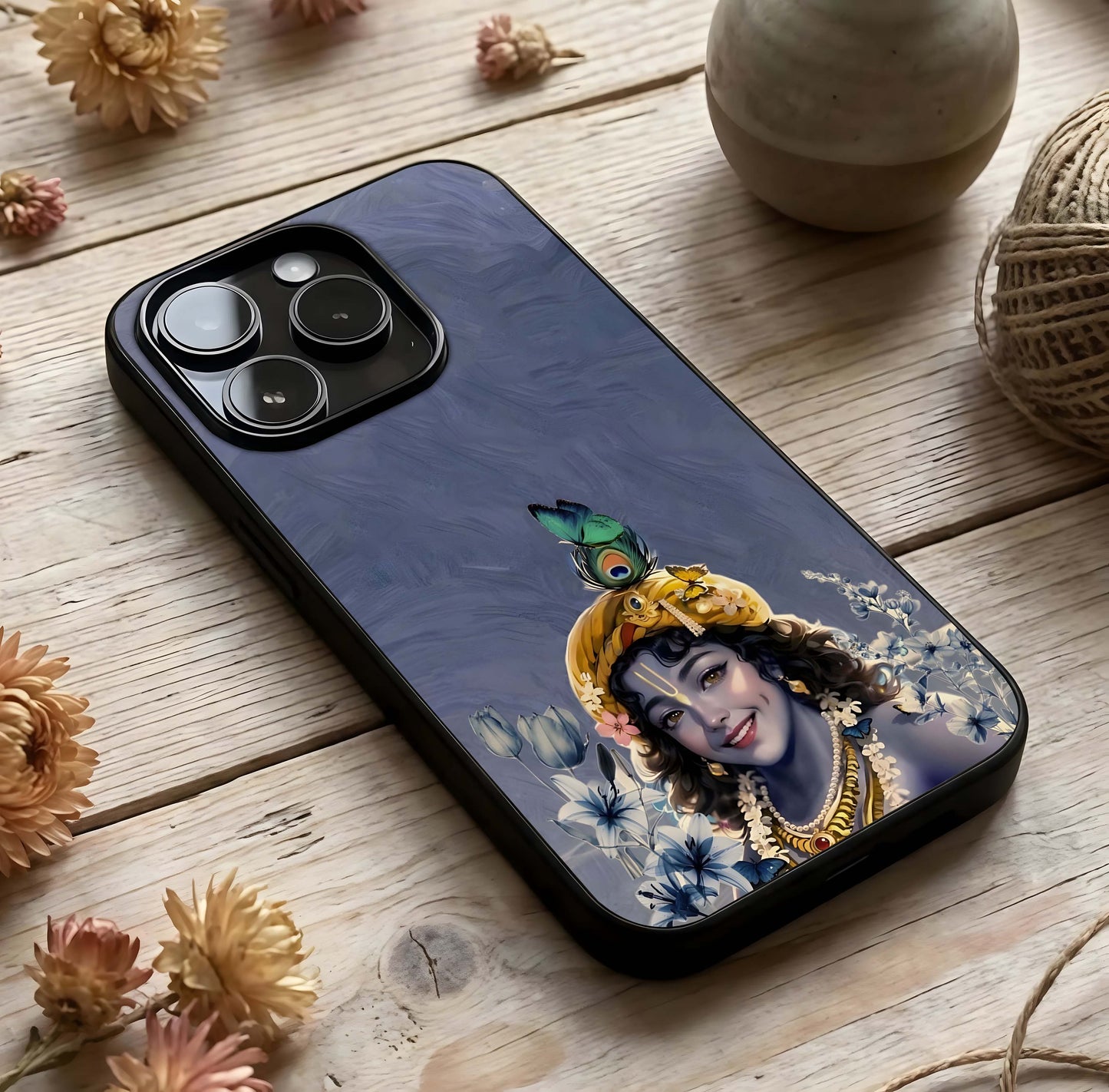 Lord Krishna Glass Case photographed in natural light showing reflective finish and divine depth.