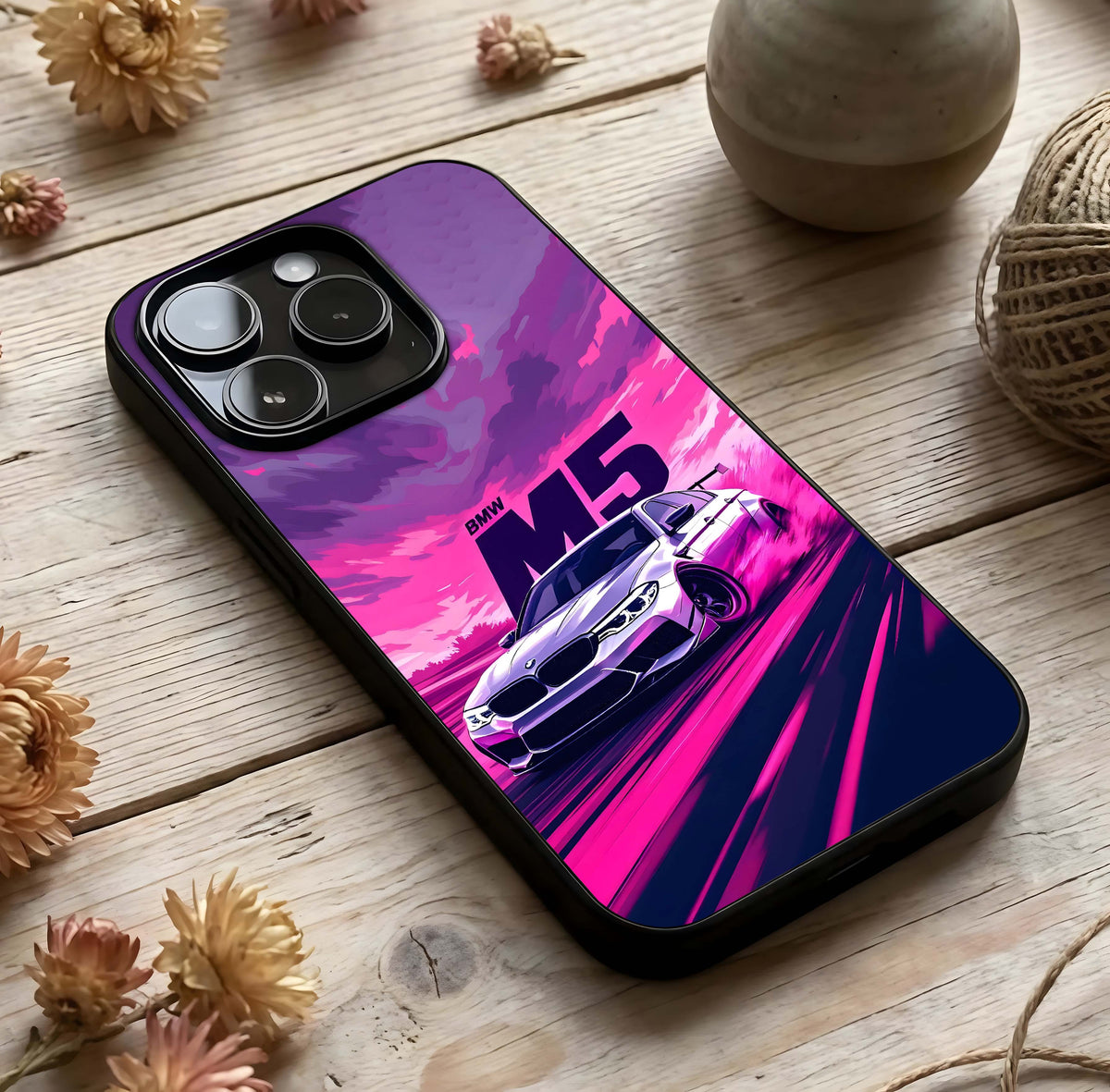 MS Neon Car Glass Case photographed in natural light showing reflective finish and electric depth.