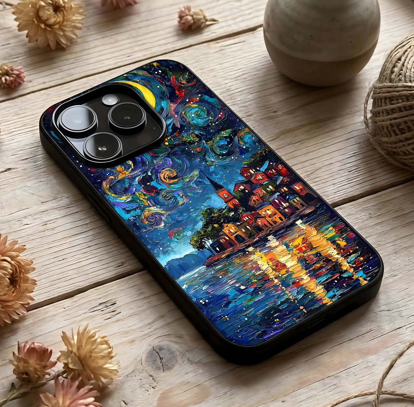 Moonlight Harbor Glow Glass Case photographed in natural light showing reflective finish and tranquil depth.